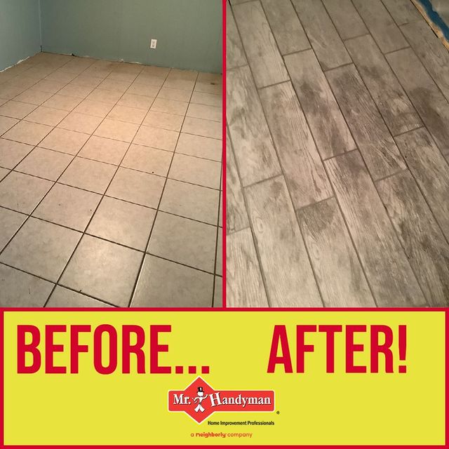 Before and after tile floor replaced by hardwood floor