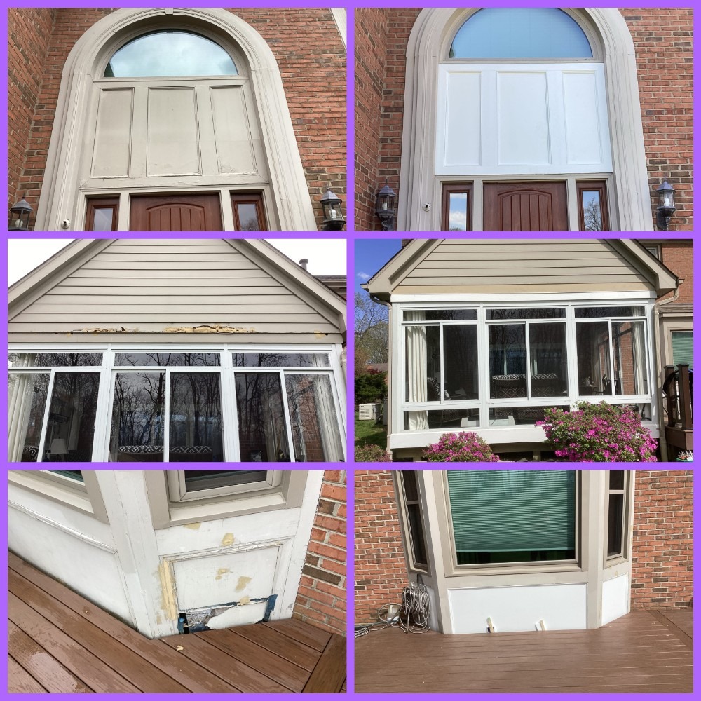 Removed and replaced three wood panels and trim above front door & under back bay window and replaced with PVC materials. All replaced trim & panels caulked and prepped for paint. Replaced various pieces of trim board, siding, fascia and soffit.