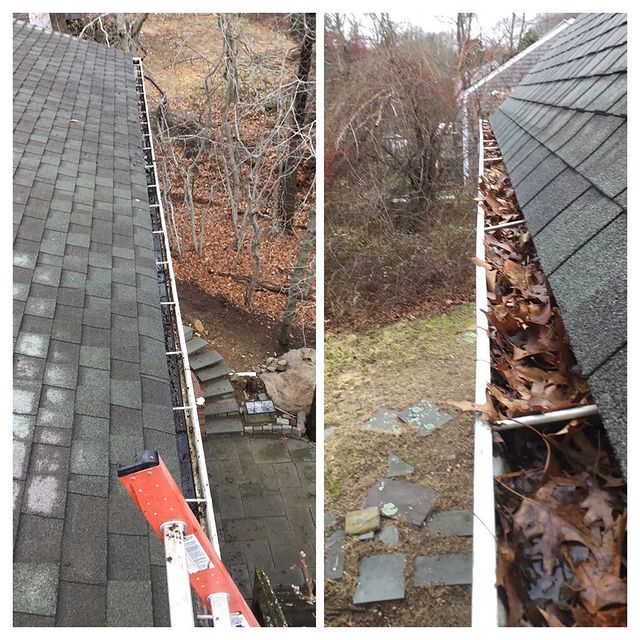 Before and after of cleaned gutters.