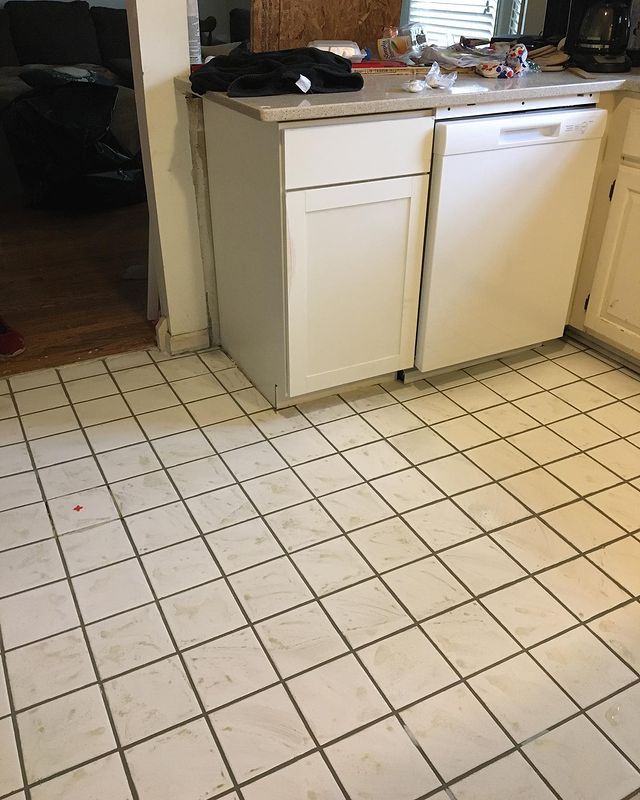 White tile floor in kitchen
