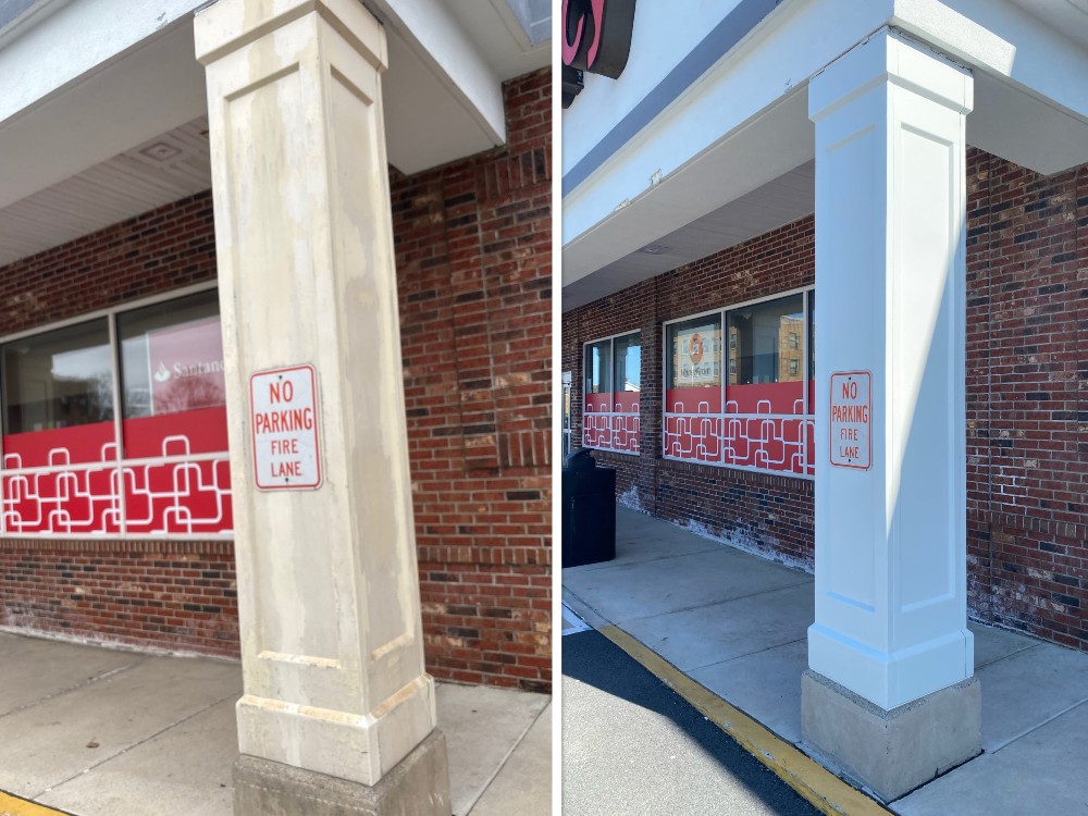 Before and after images of a weathered commercial column fully restored and painted by Mr. Handyman of Lehigh Valley.