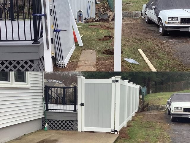 This is a fence installation with a front gate in the backyard.