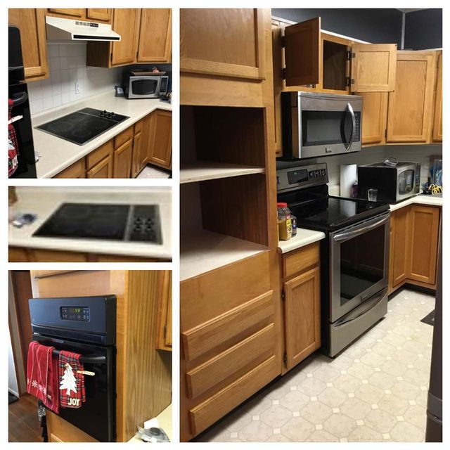 cooktop/vent hood/wall oven removed and replaced with new appliances and cabinets