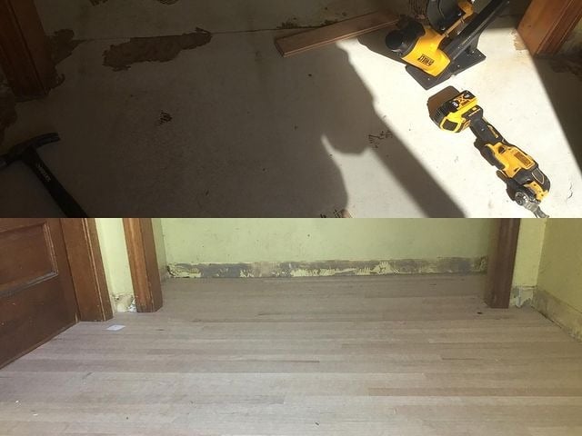 This is the installation of a laminate wood floor assembled with power tools.