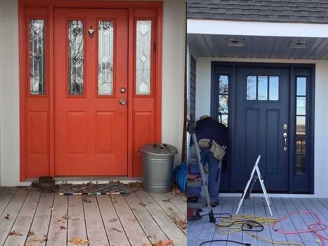 These are before and after photos of a house's front door being re-painted.
