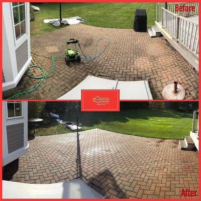 before and after picture of paver patio pressure washed