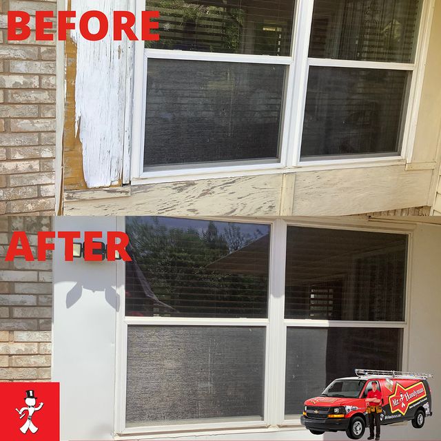 Before and after photos of a window frame job