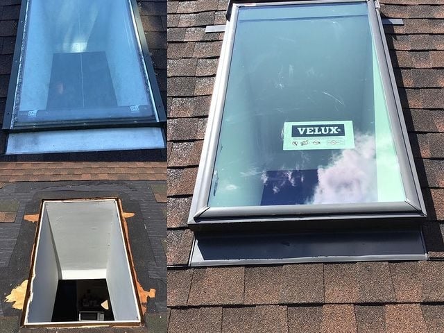 This is a skylight window installation, viewed from the roof.