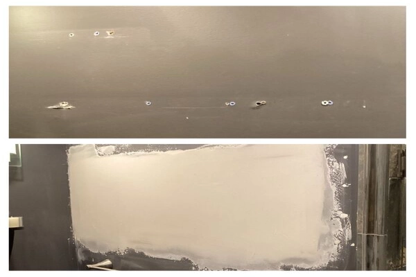 Before and after photos of drywall repair in Hinsdale, IL for screw holes.