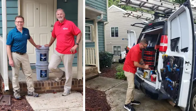 The owners of Mr. Handyman of Western Wake County on the left; a technician looking for materials in the back of a work van on the right.