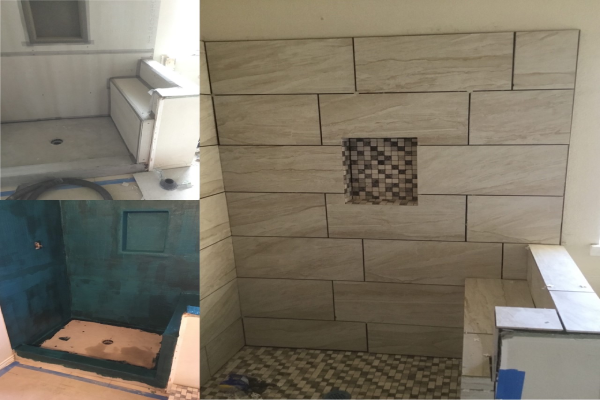 bathroom renovation stages showing shower bench