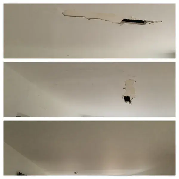 Before and after Mr. Handyman&rsquo;s ceiling drywall repair Hoffman Estates, IL.
