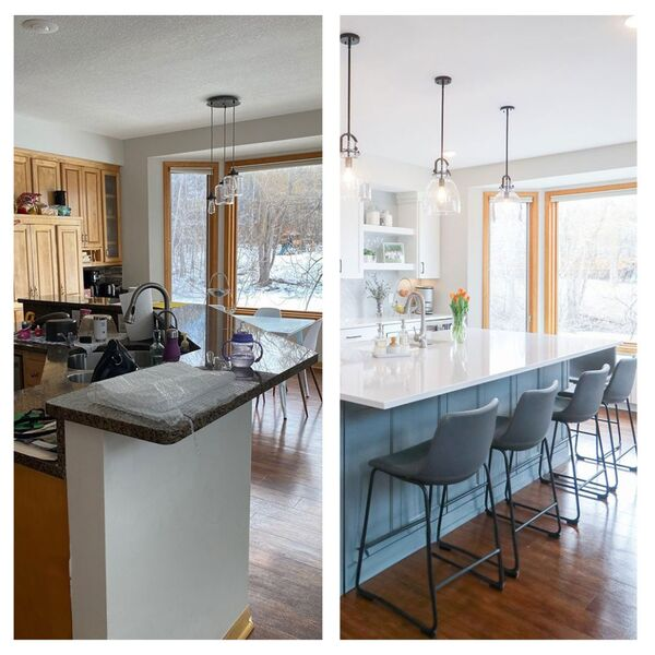 Before and after of a kitchen remodel by the Arlington Heights handyman team at Mr. Handyman of Wheaton-Hinsdale.