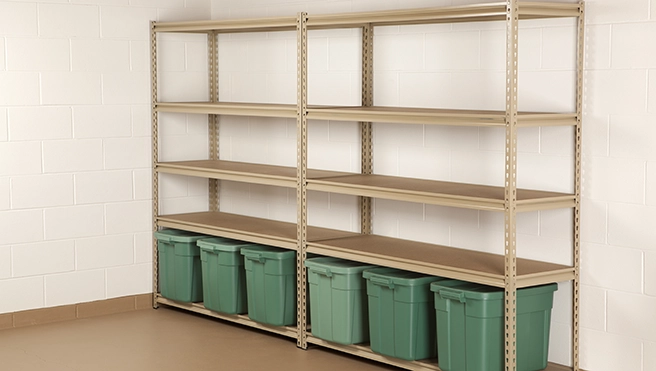 Empty shelves with green basket.