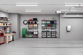 Modern garage interior with tools.