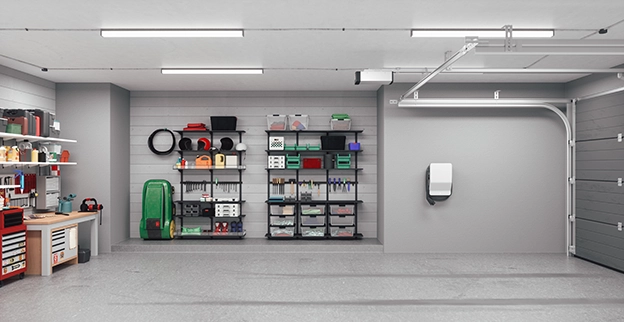 Modern garage interior with tools.