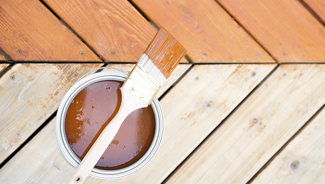 Close-up of paint brush on wood floor.