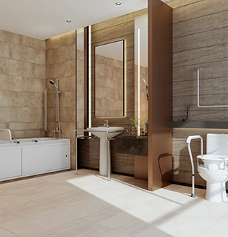 Modern bathroom featuring a bathtub, a sink with a mirror, a toilet, and warm stone wall accents, illuminated by natural light.