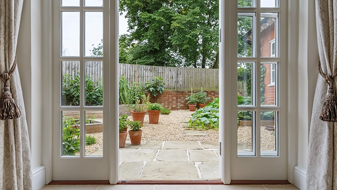 Garden door with wooden frame.