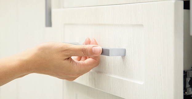 Close-up of drawer handle.