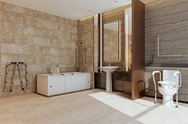 Modern accessible bathroom featuring a bathtub, grab bars, sink, toilet, and large mirror.