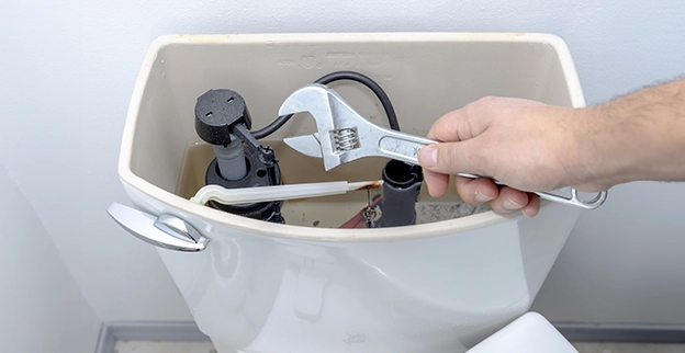 A hand holding a wrench inside a toilet tank.