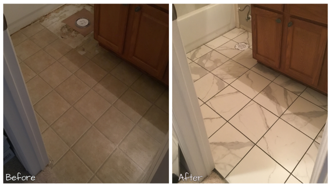 Before and after images of a bathroom floor showing old beige tiles replaced with new white marble-patterned tiles.