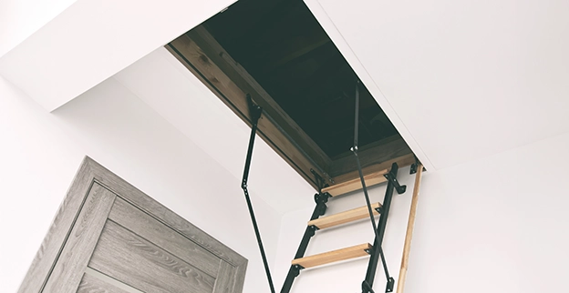 A wooden ladder descends from a ceiling hatch.