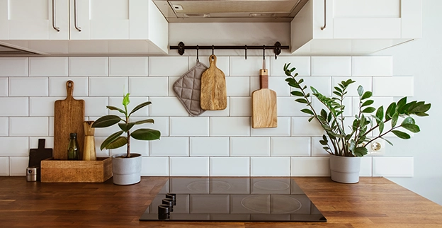 Modern kitchen featuring a wooden countertop.