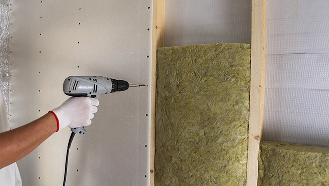 A gloved hand uses a power drill to secure drywall.