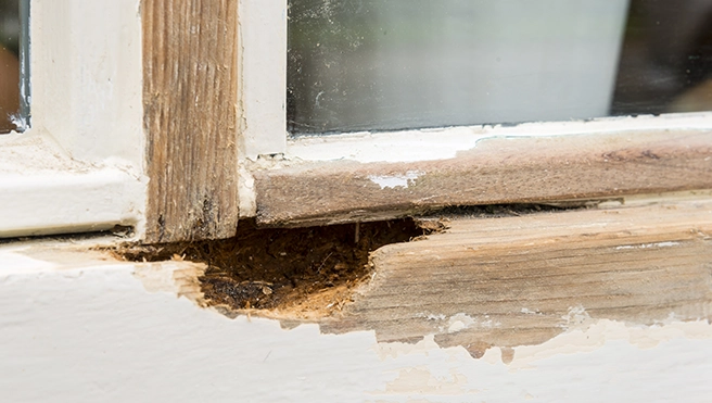 Close-up of a window frame showing significant wood damage and rot around the joint, exposing the inner structure.