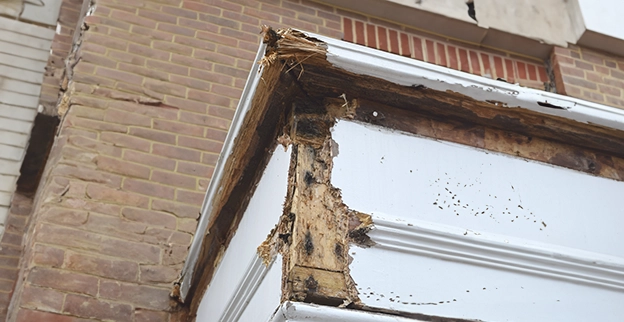 A damaged wooden trim at the corner, with exposed wood fibers against a brick background.