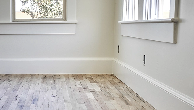 Bright room featuring light wood flooring, white walls.
