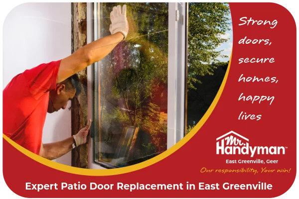 Worker installing new patio door glass