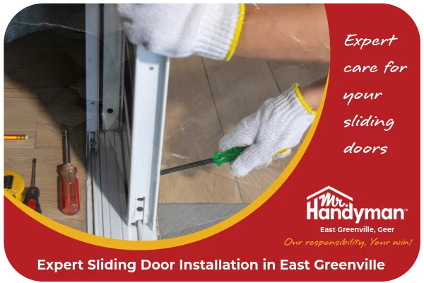 Worker repairing sliding door mechanism.