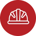 Simple white line drawing of a construction hard hat centered on a solid red circular background.