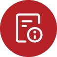 Flat red circular icon showing a sheet of paper with a lowercase “i” information symbol in the lower-right corner.