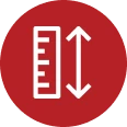 Minimal white icon of a vertical ruler with double-headed arrow inside a red circle.