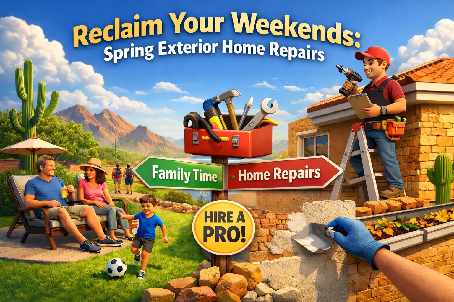 Cartoon image of a handyman fixing a home while the customers look on from lawnchairs with text at the top.