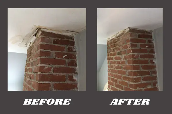 Before-and-after drywall repair at a brick chimney &mdash; left shows cracked, sagging ceiling and damaged plaster; right shows clean, sealed joint with smooth finish.