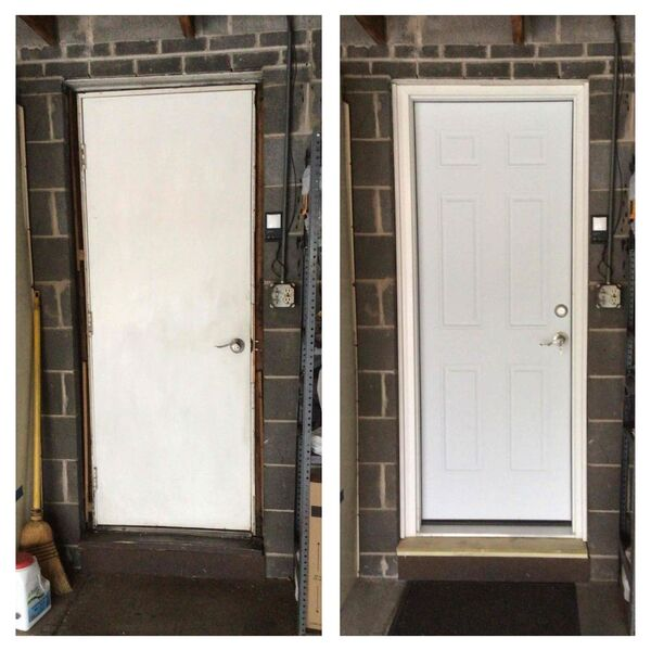 Before and after photos showing a door repair in Lombard, IL by the team at Mr. Handyman.