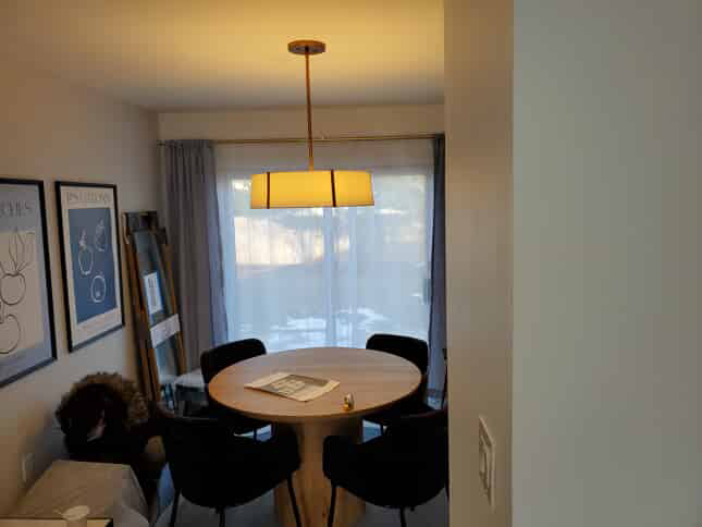 Dining space with table, chairs, overhead light fixture and window