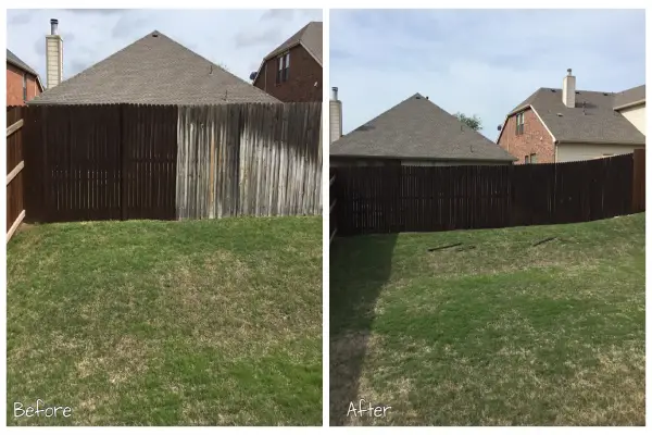 A residential fence before and after it has been fixed and refinished with repairs and staining service from Mr. Handyman.