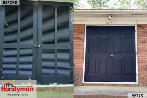 Before and after image of a door transformation featuring newly installed shutters for enhanced aesthetics.