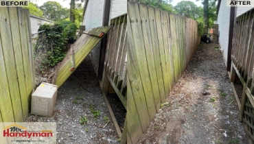 Before and after wooden fence repair by Mr. Handyman in Palm Harbor, Clearwater and Largo, showing restored stability and clean finish.