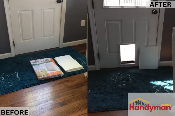 Before and after pet door installation in compact entryway by Mr. Handyman, showing energy-efficient and space-saving solution for small homes