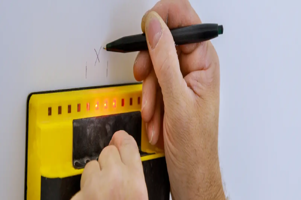 Person holding a stud finder and marking findings on a wall.