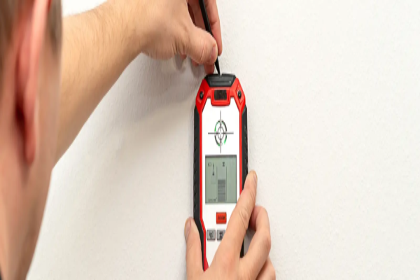 Man is using a stud finder to mark on an interior wall.