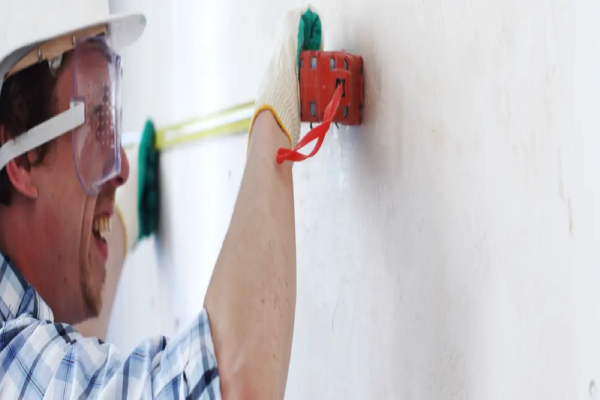 Contractor measuring wall with tape measure to locate stud position.