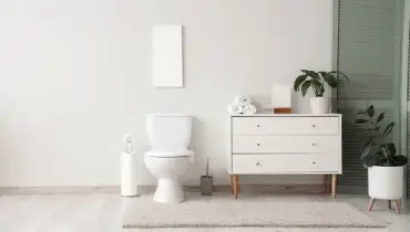 Modern bathroom with a white comfort height toilet, wood-look flooring, and vanity with plant.